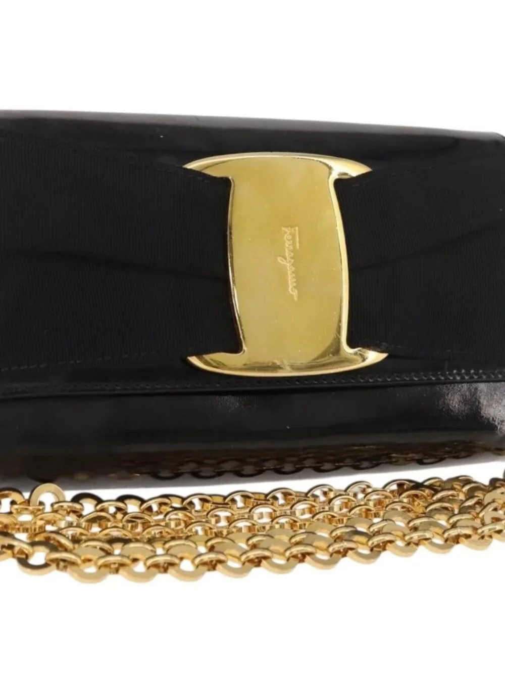 Salvatore Ferragamo Vara Ribbon Chain Bag Patent Leather Black Gold Auth bs35689
